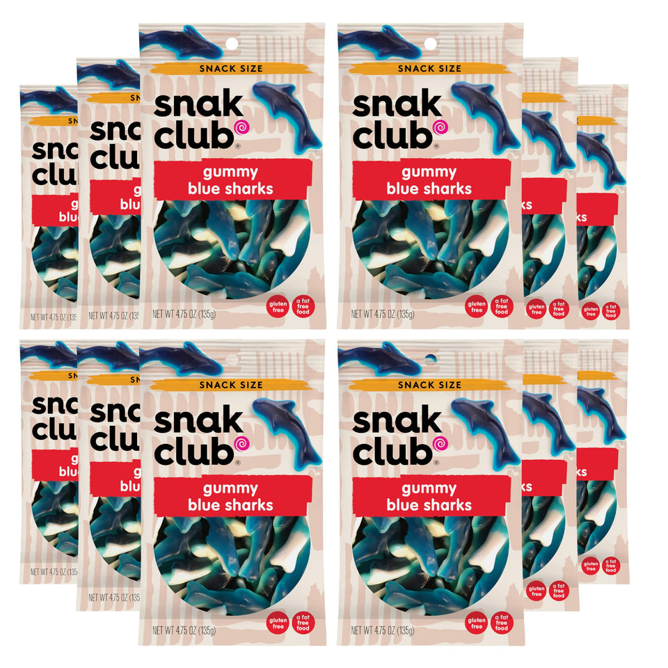 Snak Club Gummy Sharks blue raspberry bag showing chewy texture for on-the-go snacking.