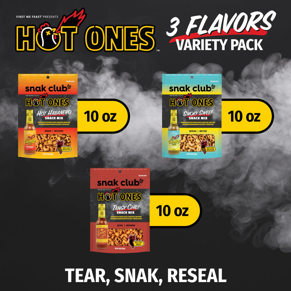 Snak Club Hot Ones Tangy Chili bag front with mild tangy heat.