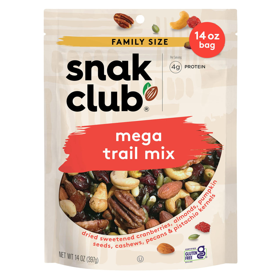 Snak Club Mega Trail Mix 14oz packaging shown in a resealable bag for travel snacking.