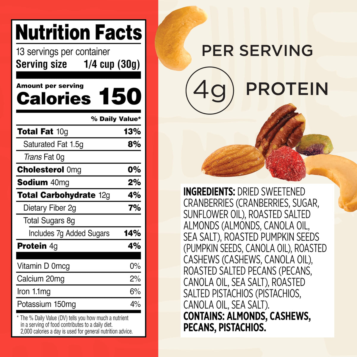 Snak Club Mega Trail Mix provides 4g protein per serving for satisfying snacking moments.
