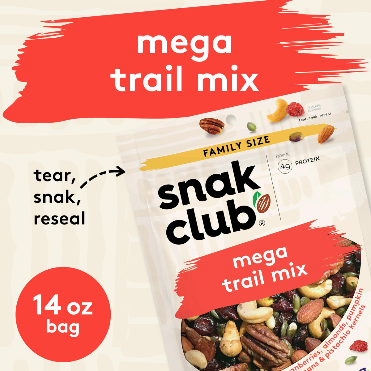 Snak Club Mega Trail Mix ingredients close-up with cranberries, almonds, and pumpkin seeds.