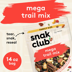 Snak Club Mega Trail Mix ingredients close-up with cranberries, almonds, and pumpkin seeds.