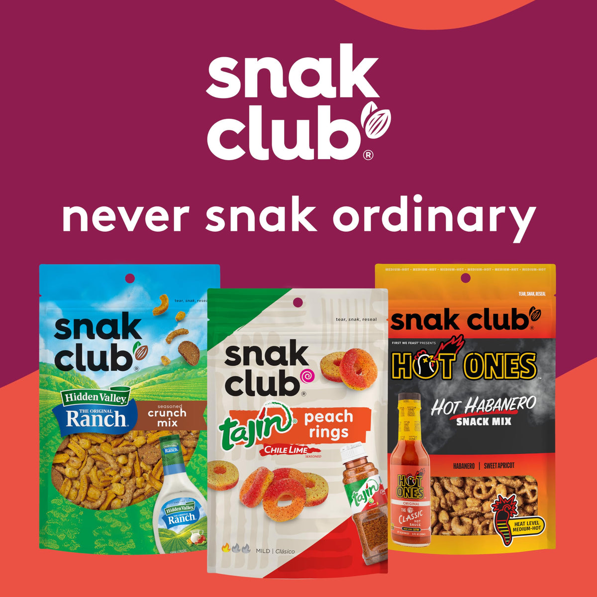 Snak Club Snack time collection display suggests shareable, crave-worthy flavors.