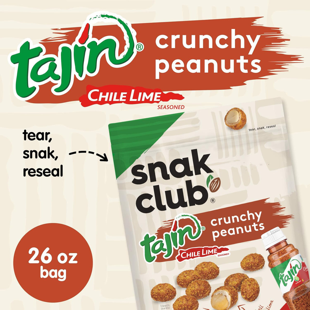 Snak Club Tajín Crunchy Peanuts close-up shows chili lime coating for bold flavor.
