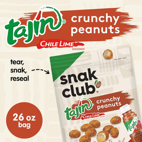 Snak Club Tajín Crunchy Peanuts close-up shows chili lime coating for bold flavor.