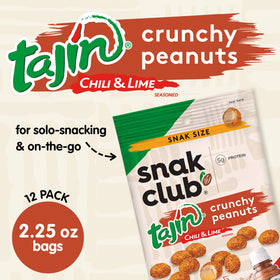 Close-up of Snak Club Tajin Crunchy Peanuts showing chili-lime seasoning for on-the-go snacking.