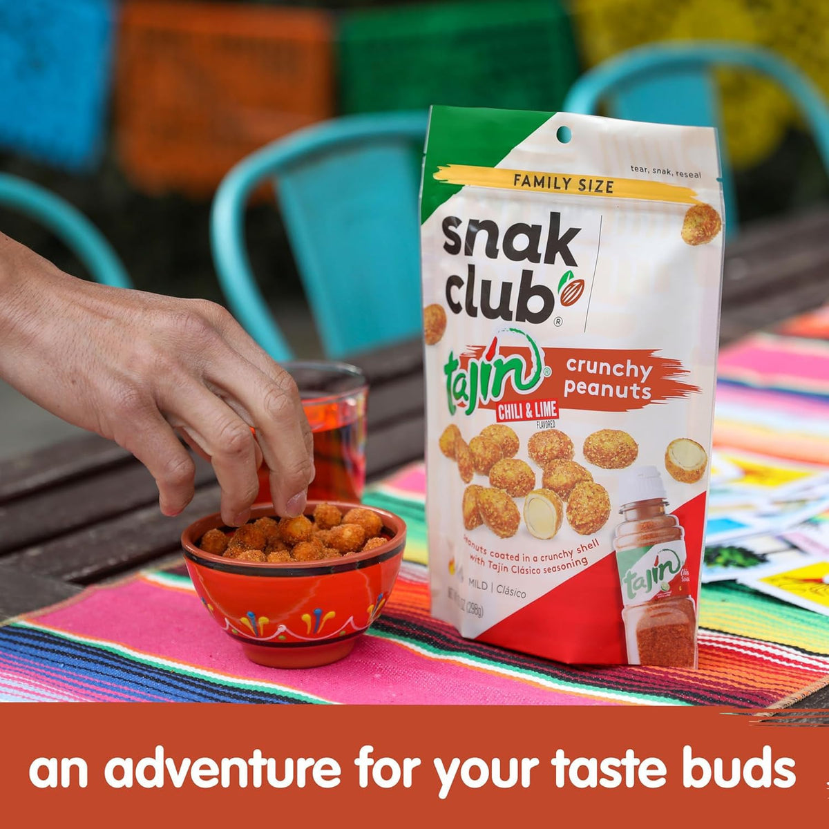 Snak Club Tajín Crunchy Peanuts in a bowl for quick enjoyment.