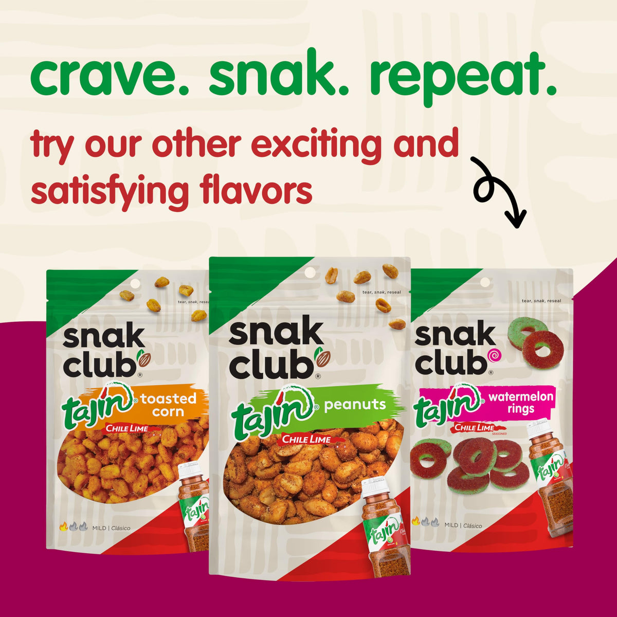 Snak Club Tajín Crunchy Peanuts packaging detail on 26 oz bag.