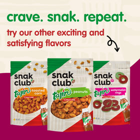 Snak Club Tajín Crunchy Peanuts packaging detail on 26 oz bag.