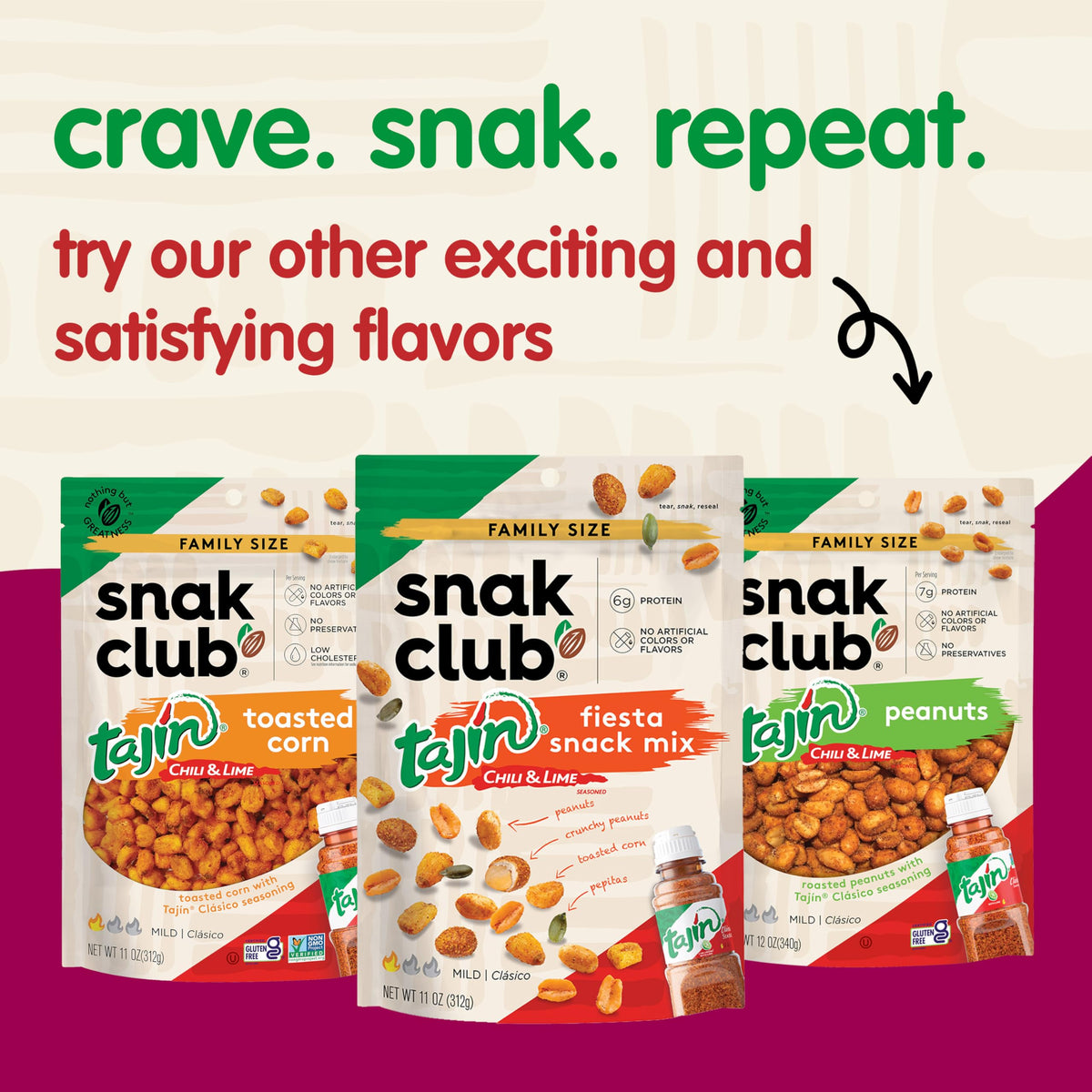 Snak Club Tajín Crunchy Peanuts party snack with bold crunch.