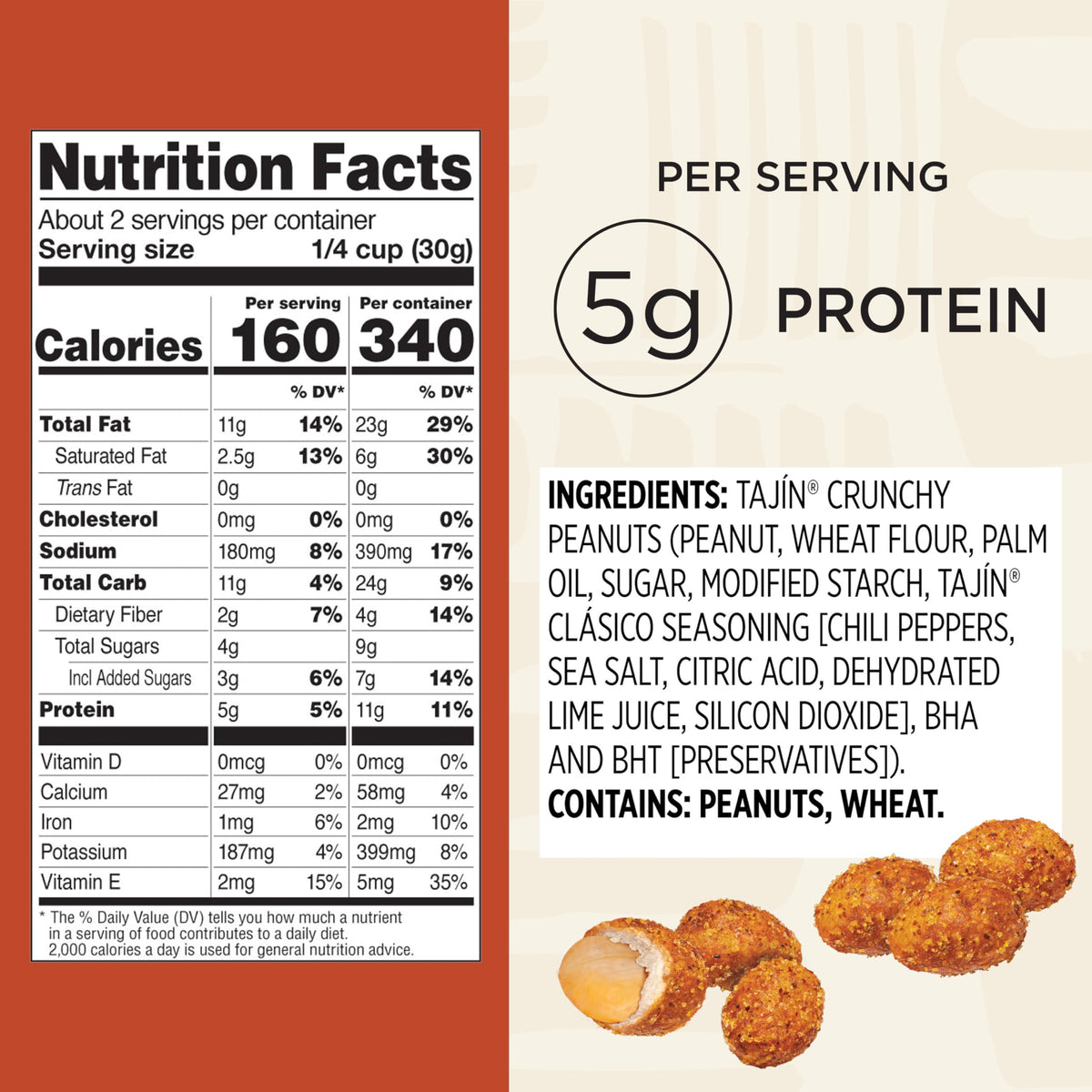 2.25 oz portion bag from Snak Club Tajin Crunchy Peanuts, easy for lunch or gym.