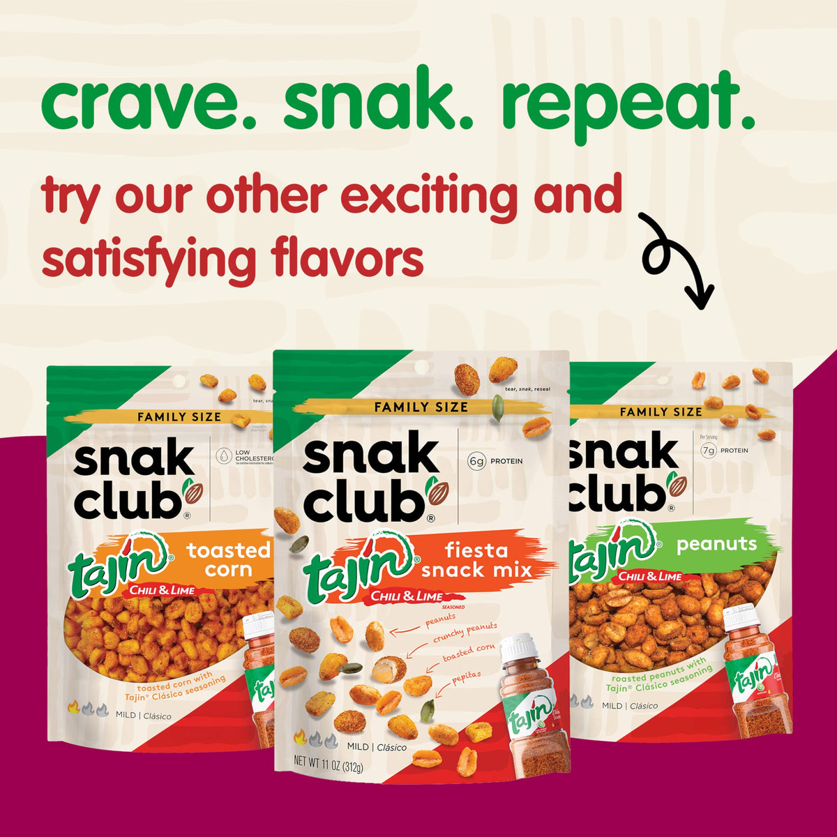 Snack scene featuring Snak Club Tajin Crunchy Peanuts, a protein-boosting option.