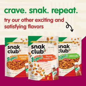 Snack scene featuring Snak Club Tajin Crunchy Peanuts, a protein-boosting option.
