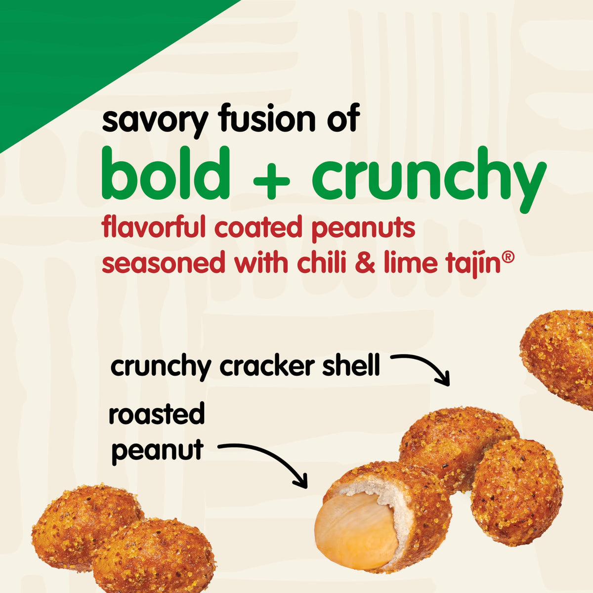 Seasoning close-up on Snak Club Tajín Crunchy Peanuts with lime and chili.