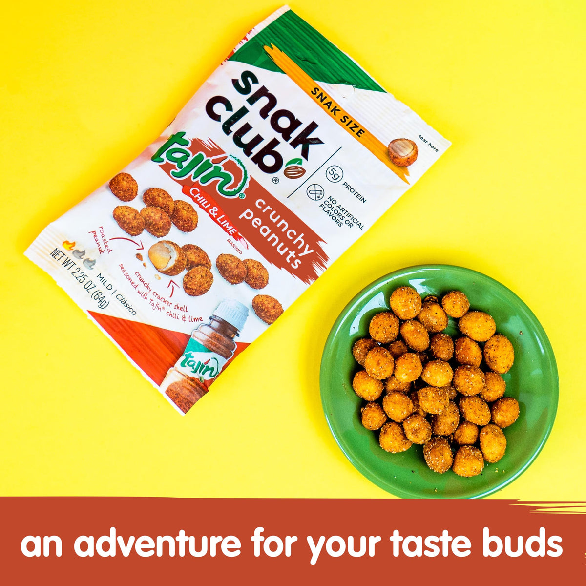 Serving idea: Snak Club Tajín Crunchy Peanuts offered as travel-friendly snack.