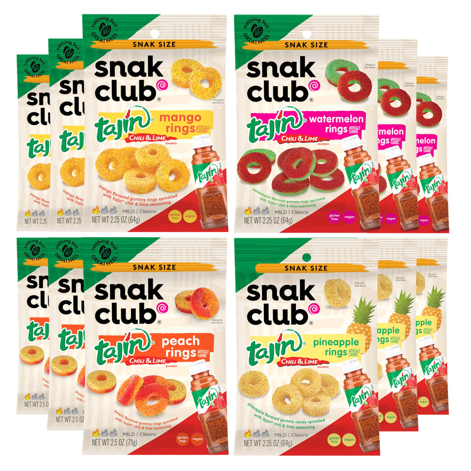 Snak Club Tajin Fruit Rings pack front view for on-the-go snacking.