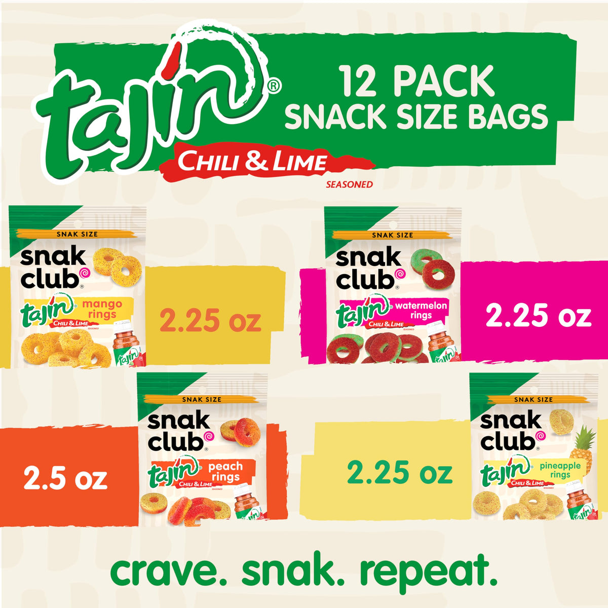 Snak Club Tajin Fruit Rings variety close-up showing mango, pineapple, peach, and watermelon flavors.