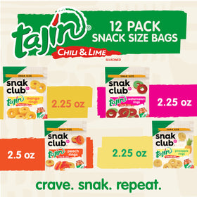 Snak Club Tajin Fruit Rings variety close-up showing mango, pineapple, peach, and watermelon flavors.