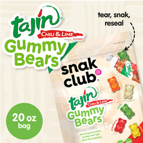 Snak Club Tajin Gummy Bears close-up showing mixed fruit flavors and chili-lime dust.