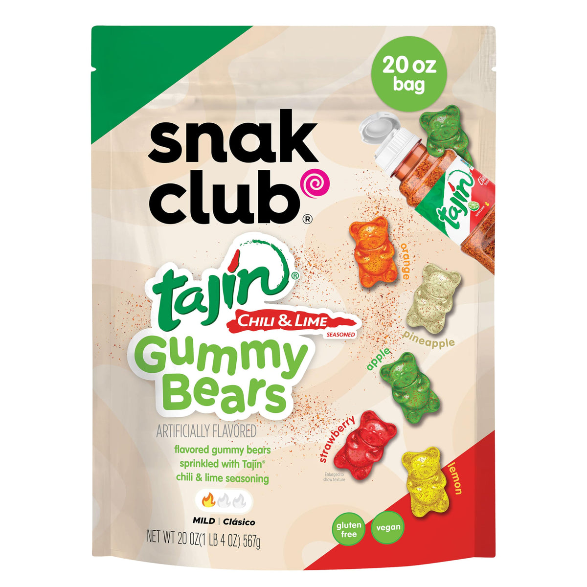 Snak Club Tajin Gummy Bears package with resealable bag for easy on-the-go snacking.