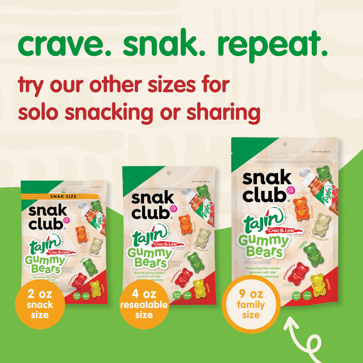 Snak Club Tajin Gummy Bears assorted fruits with bold heat.