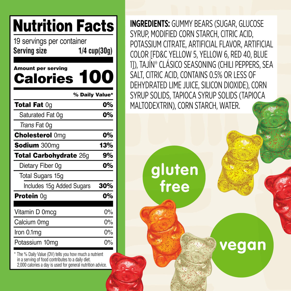 Snak Club Tajin Gummy Bears vegan gluten-free badge on packaging.