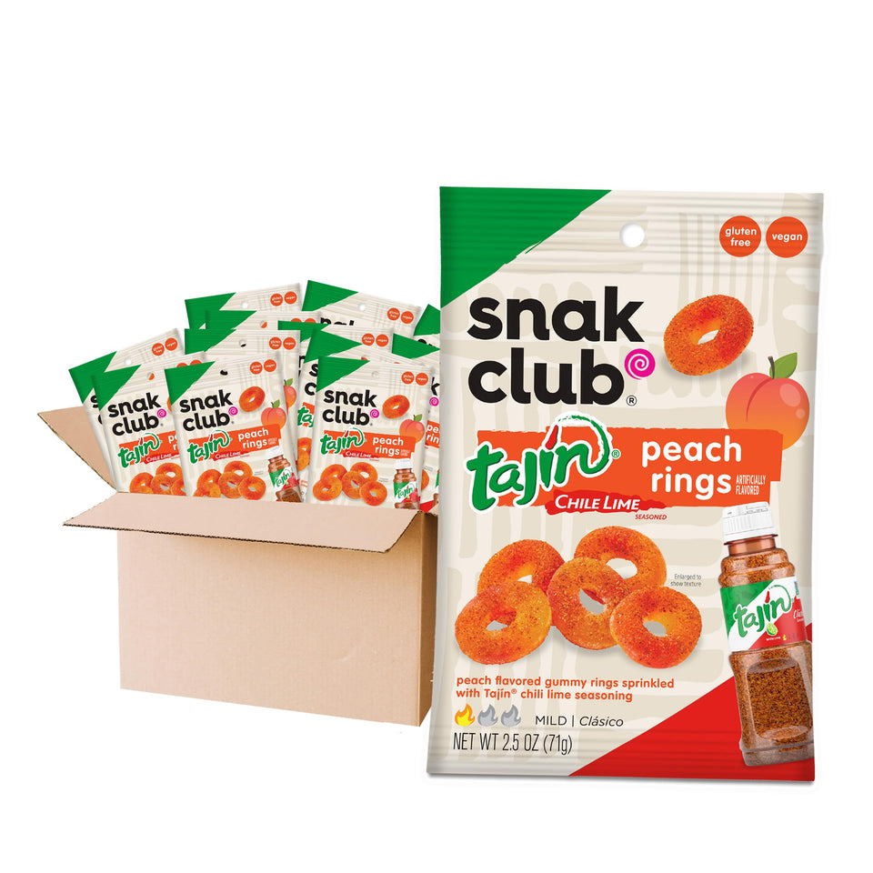 Snak Club Tajin Peach Rings bag-1 showing sharing-friendly, fruity, mildly spicy flavor.