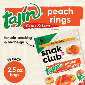 Snak Club Tajin Peach Rings bag-2 close-up with glossy gummies and Tajin seasoning.