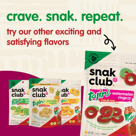 Snak Club Tajin Peach Rings brand display with other Snak Club snacks.
