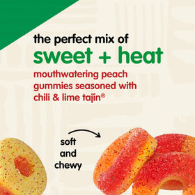Snak Club Tajin Peach Rings close-up highlighting mild heat and tangy lime.