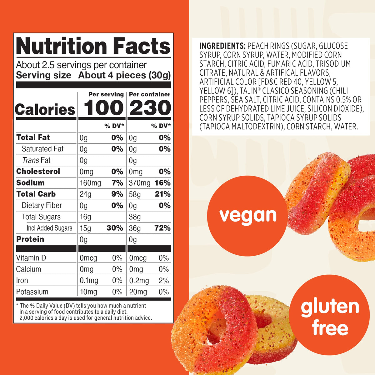 Snak Club Tajin Peach Rings ingredients panel showing vegan and gluten-free options.