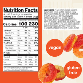 Snak Club Tajin Peach Rings ingredients panel showing vegan and gluten-free options.