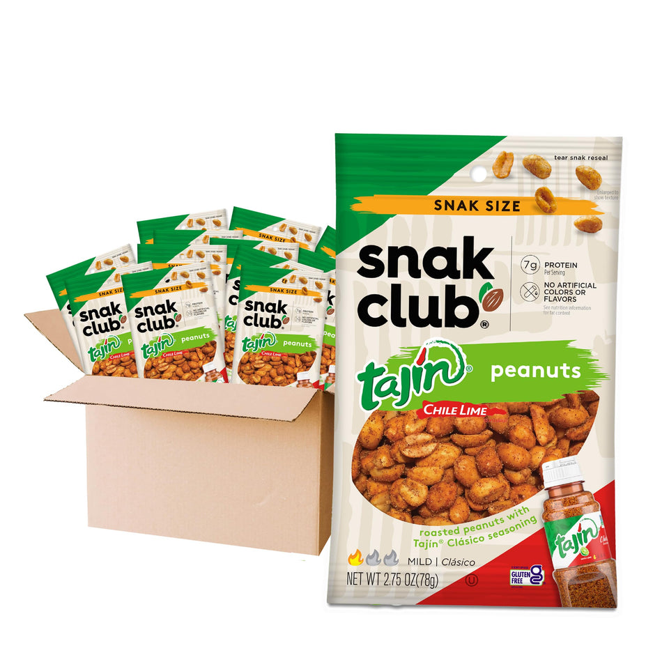 Snak Club Tajin Peanuts bag showing chili-lime seasoning for an on-the-go flavor boost.