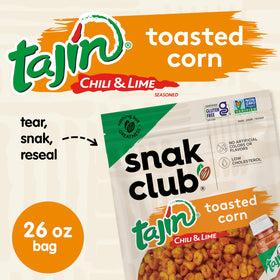 Close-up of Snak Club Tajin Toasted Corn bite showing crisp texture.