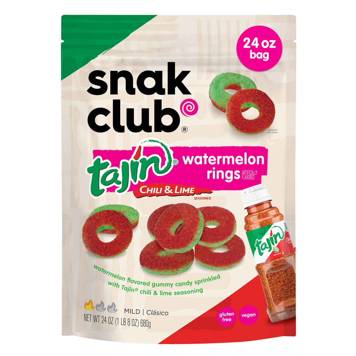 Snak Club Tajin Watermelon Rings in a resealable bag for easy sharing on the go.