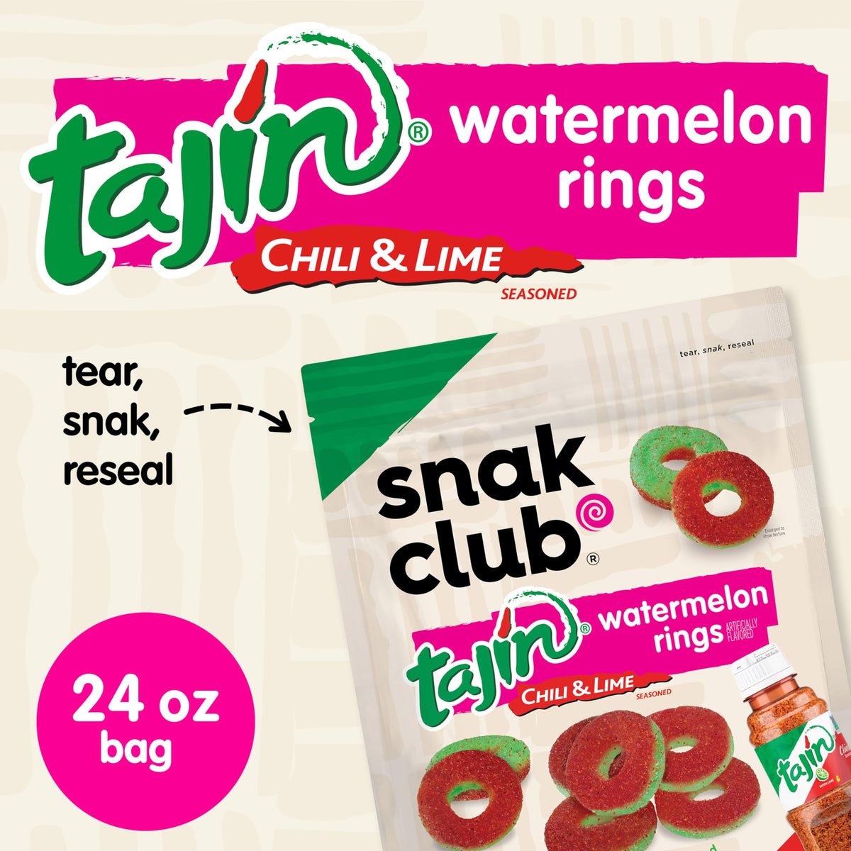 Snak Club Tajin Watermelon Rings closeup showing Tajin dust for bold flavor.