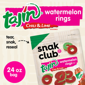 Snak Club Tajin Watermelon Rings closeup showing Tajin dust for bold flavor.
