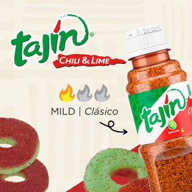 Snak Club Tajin Watermelon Rings on table highlighting spicy citrus seasoning.