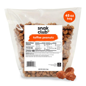 Snak Club Toffee Peanuts bulk bag on kitchen counter ready for sharing.