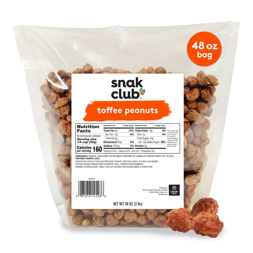Snak Club Toffee Peanuts bulk bag on kitchen counter ready for sharing.