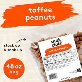 Snak Club Toffee Peanuts candied with praline coat in a festive bowl.