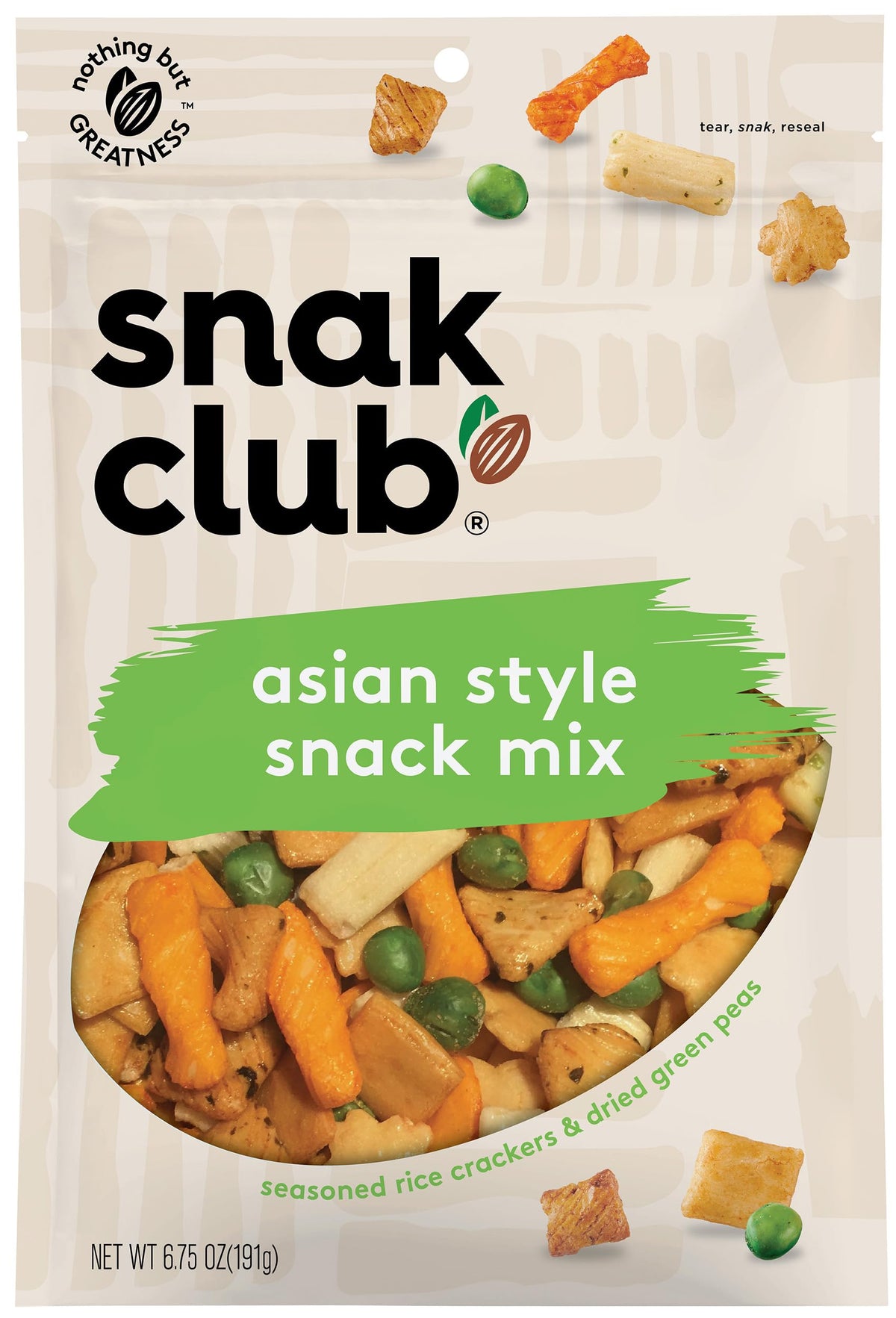 Snak Club Asian Style Snack Mix close-up of crispy rice crackers and peas, savory bites.