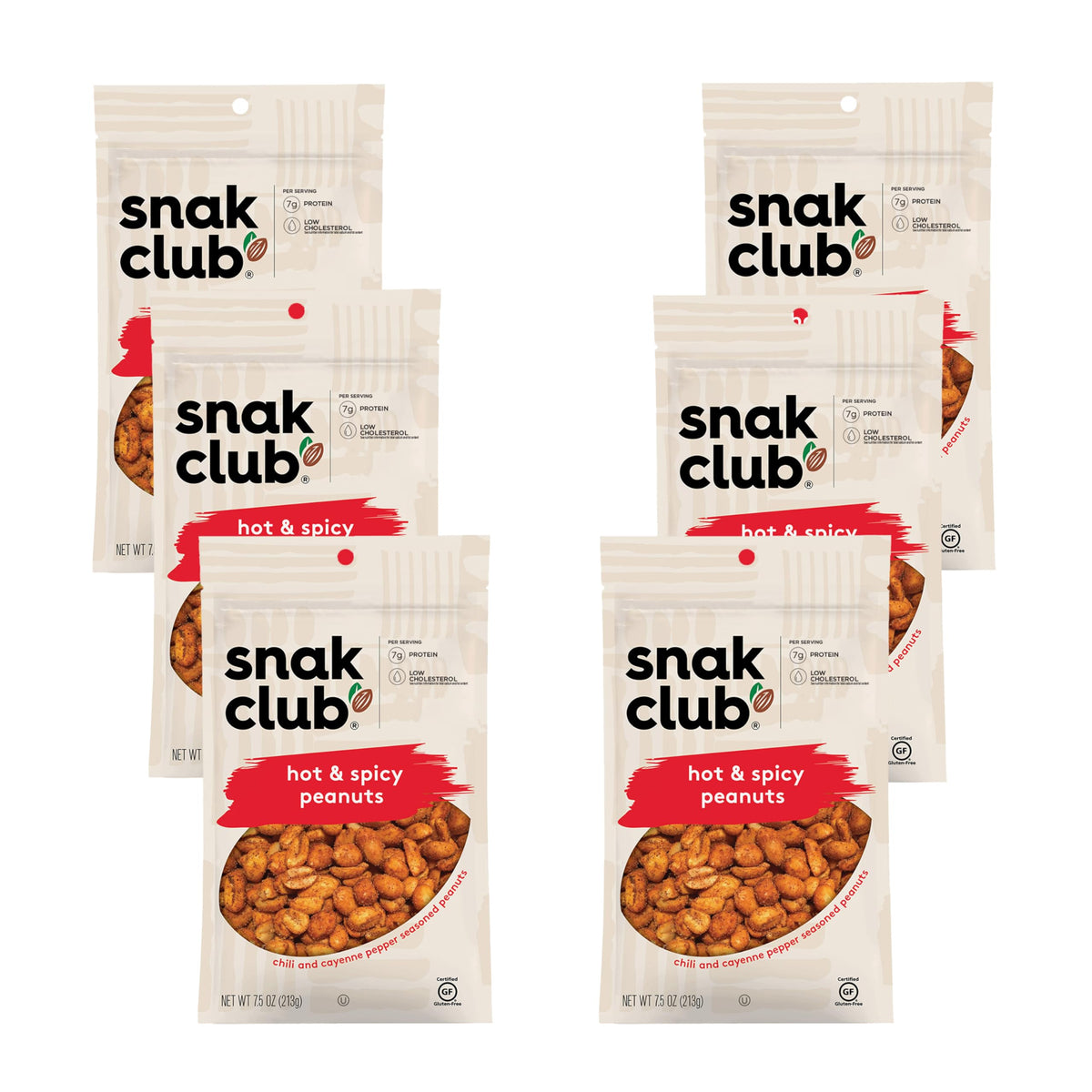 Snak Club Hot Spicy Peanuts bag closeup with bold chili seasoning for on-the-go snacking
