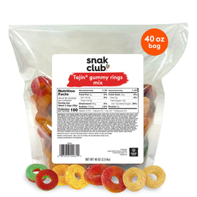 Snak Club Tajín Fruit Rings bulk bag ready for sharing at parties.
