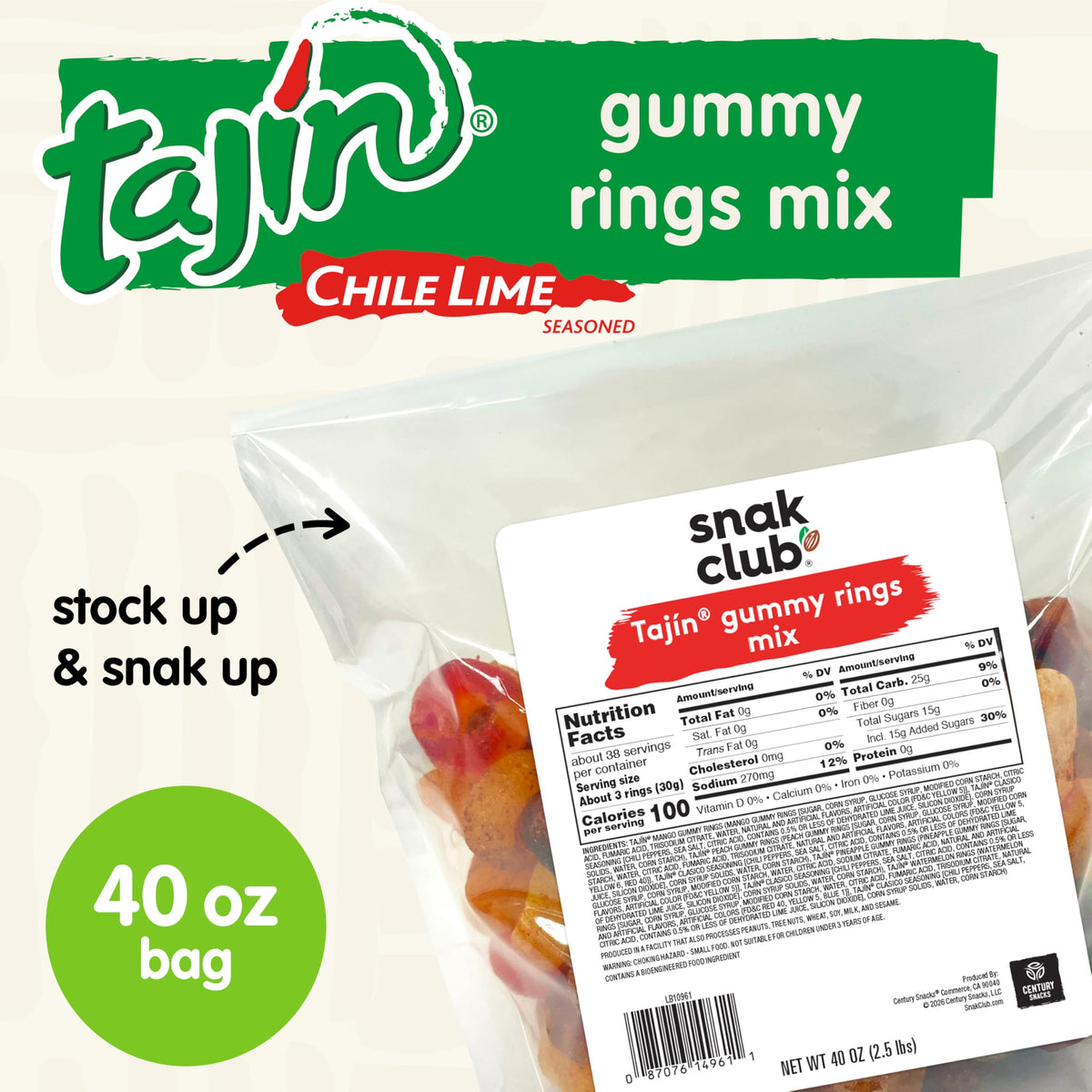 Close-up of Tajín seasoning on Snak Club Tajín Fruit Rings gummies.