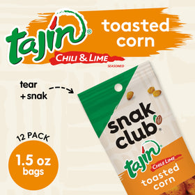 Snak Club Tajin Toasted Corn close-up shows tangy chili lime seasoning