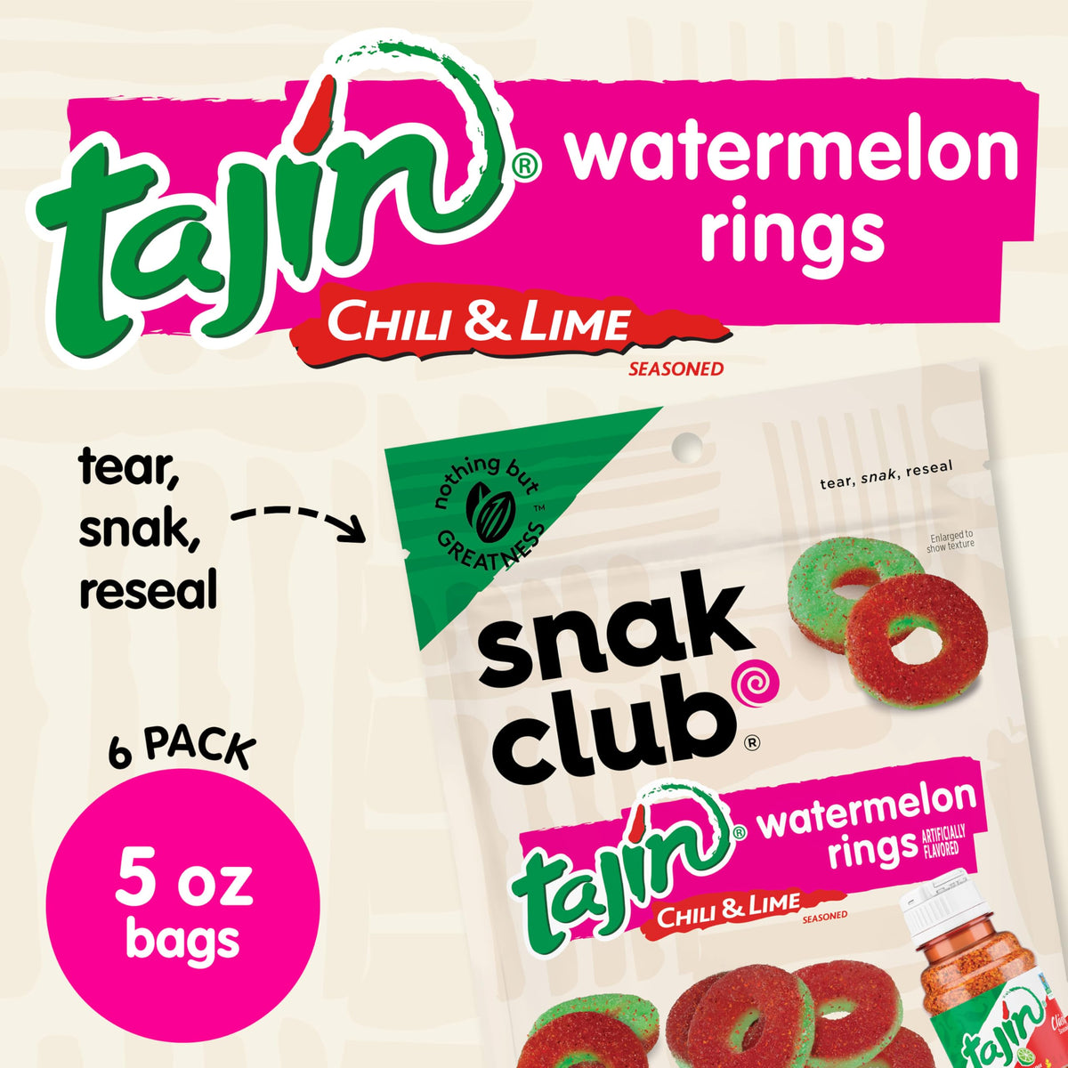 Close-up of Snak Club Tajin Watermelon Rings with chili-lime Tajin seasoning.