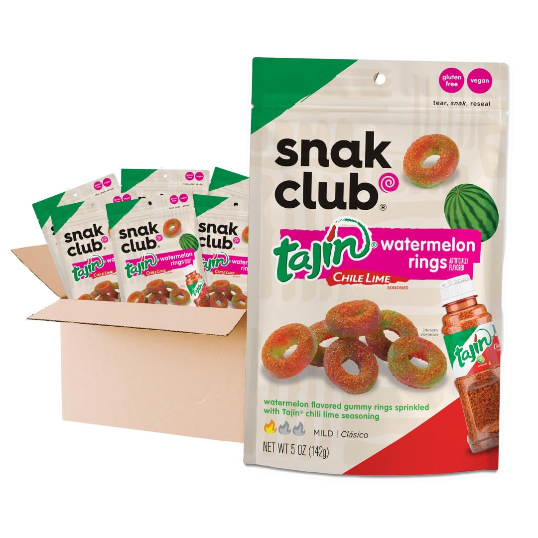 Snak Club Tajin Watermelon Rings in a resealable bag for on-the-go snacking.