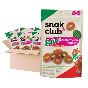 Snak Club Tajin Watermelon Rings in a resealable bag for on-the-go snacking.