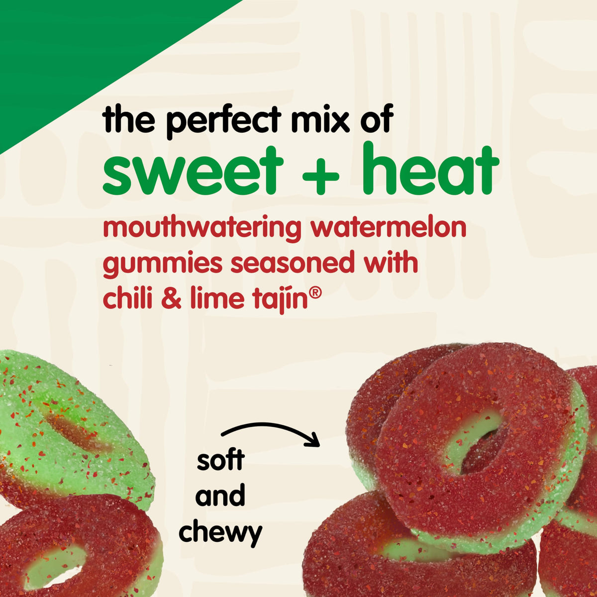 Bright watermelon gummies coated with Tajin Clasico seasoning on a plate.